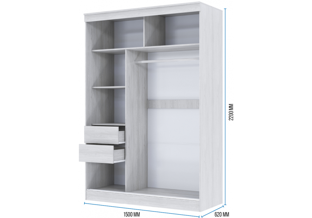 фото шкаф-купе woodville москана-2 1,5м анкор светлый / зеркало / лакобель белый 614766 | 220svet.ru