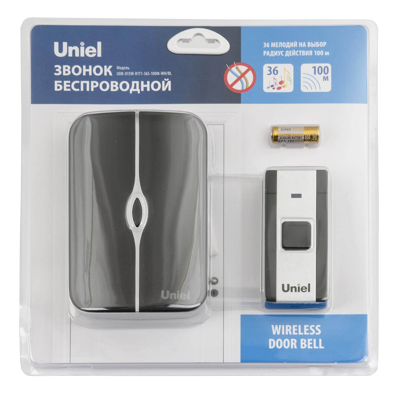 фото звонок беспроводной uniel udb-015w-r1t1-36s-100m-wh/bl ul-00006434 | 220svet.ru