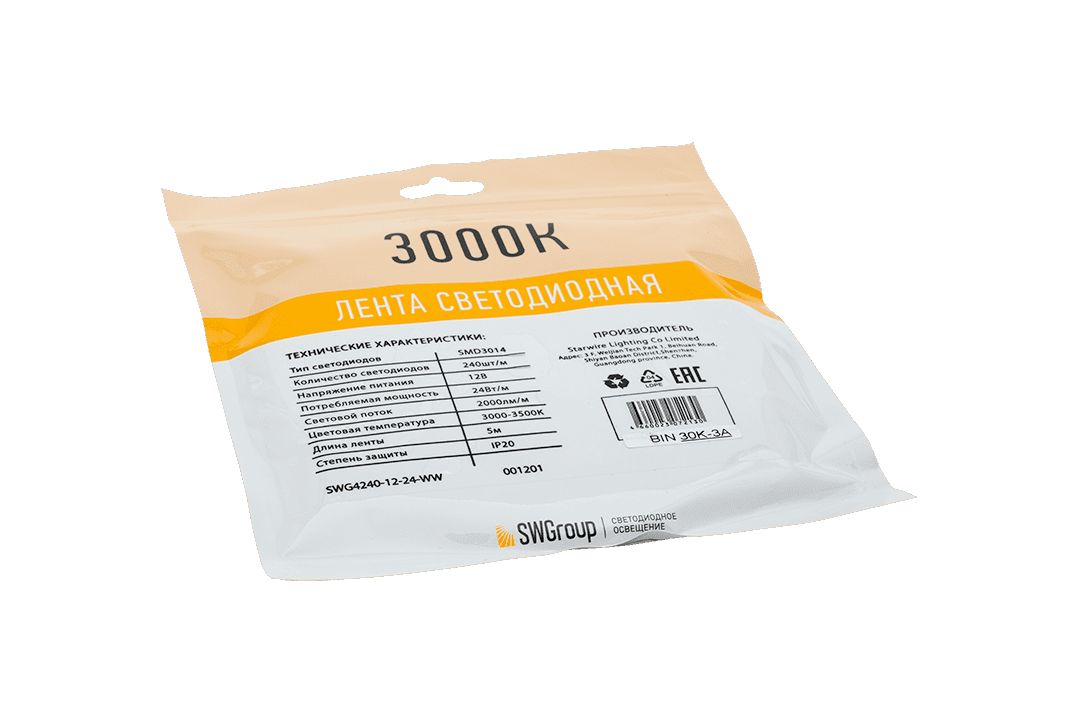 фото лента swg 24w/m 240led/m 3014smd теплый белый 5m swg4240-12-24-ww-m 009470 | 220svet.ru